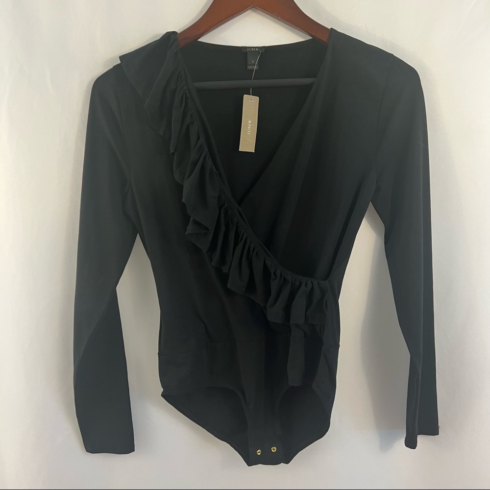 J. Crew Bodysuit Ruffle Top Size S Small Black Adjustable Low V-Neck